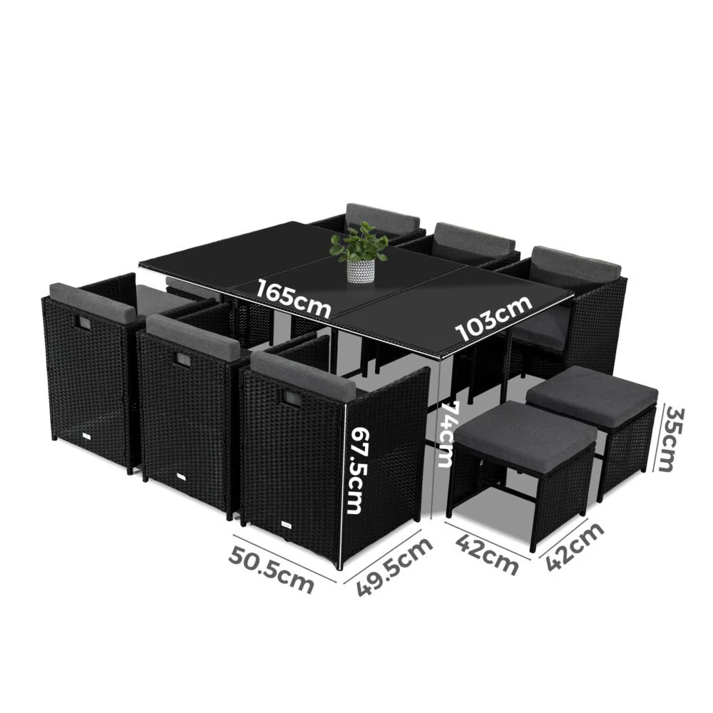 Drew 10-Seater Outdoor Furniture Setting 11-Piece Dining Set - Black - Nurns