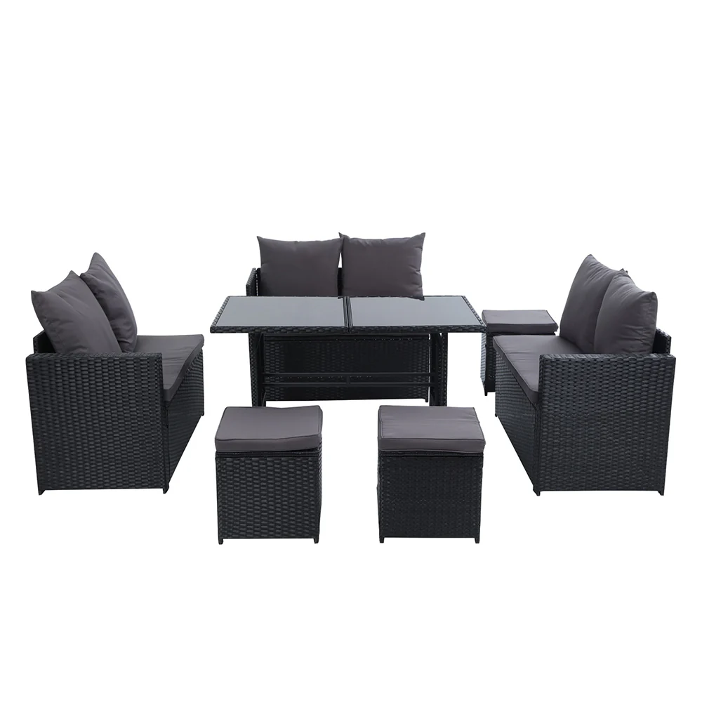 David 9-Seater Furniture Dining Lounge Wicker 5-Piece Outdoor Sofa - Black - Nurns