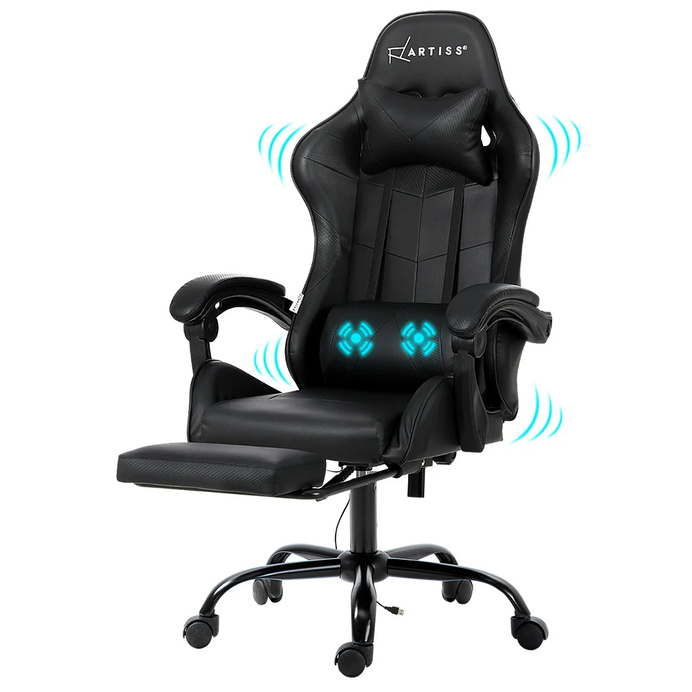 Artiss 2 Point Massage Gaming Office Chair Footrest Black - Nurns