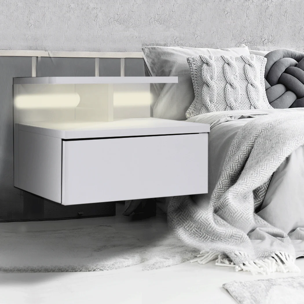 Set of 2 Digby LED Bedside Tables LED Wall Mounted Cabinet Side Table Floating Nightstand X2 - White - Nurns
