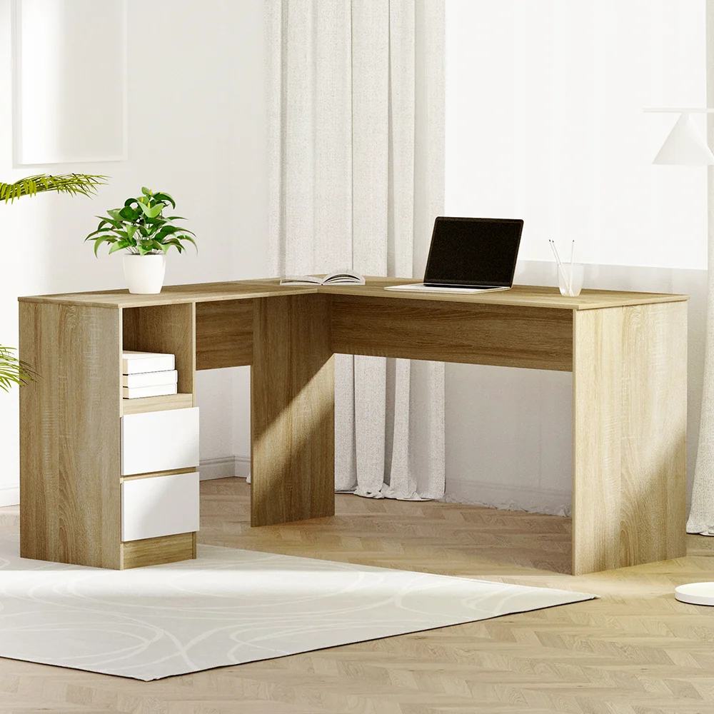 Artiss Computer Desk Drawer Cabinet L-Shape Oak 136cm - Nurns