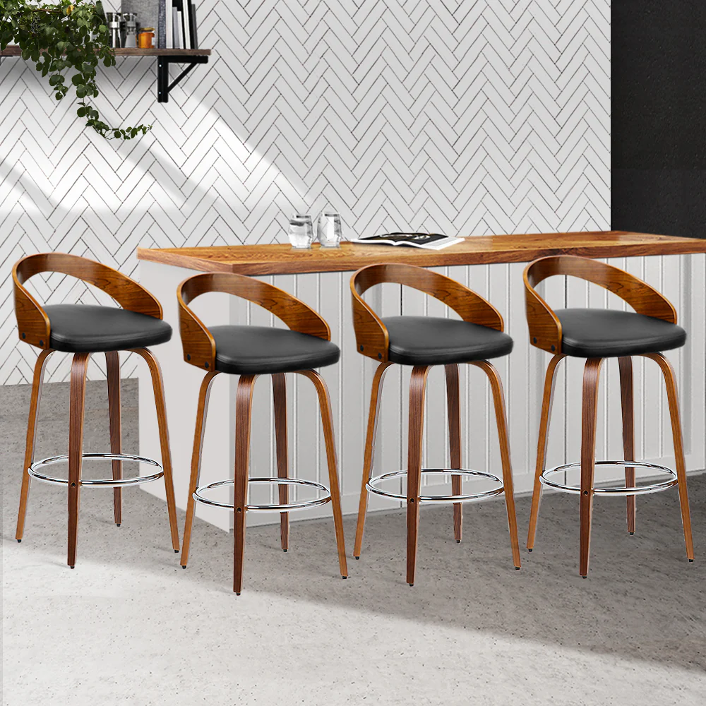 Set of 4 Alicante Walnut Wood Bar Stools - Black & Brown - Nurns