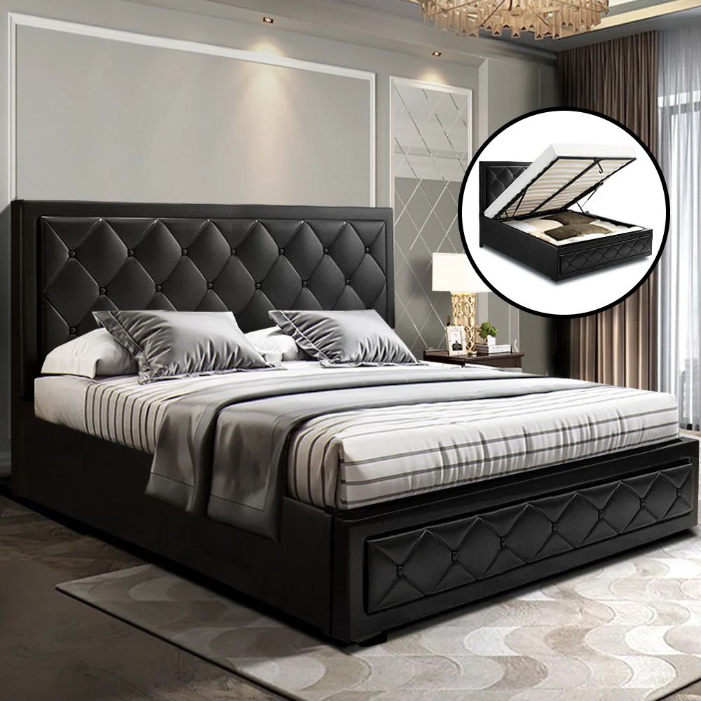 Savannah Bed Frame PU Leather Gas Lift Storage - Black Queen - Nurns