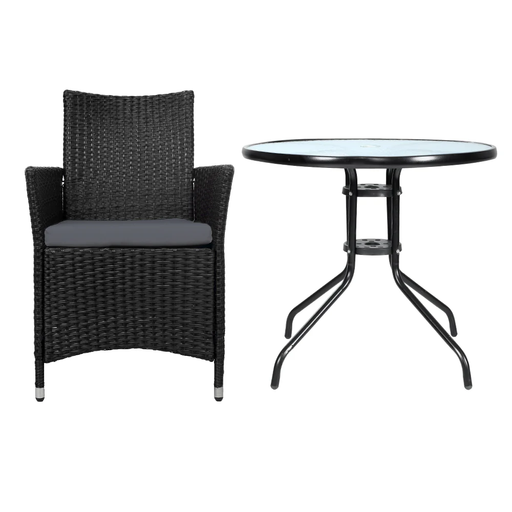 Wareham 2-Seater Chair Table Wicker Patio Tea Coffee Cafe Bar 3-Piece Outdoor Furniture - Black - Nurns