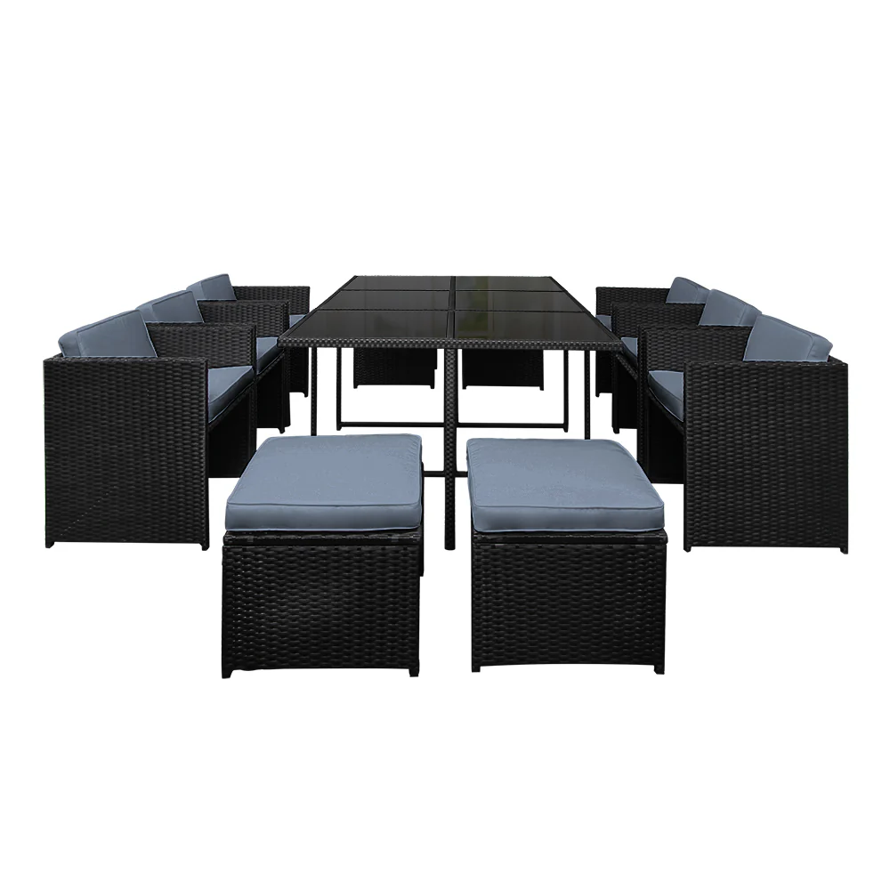 Waltham 10-Seater PE Wicker 11-Piece Outdoor Dining Set - Black - Nurns