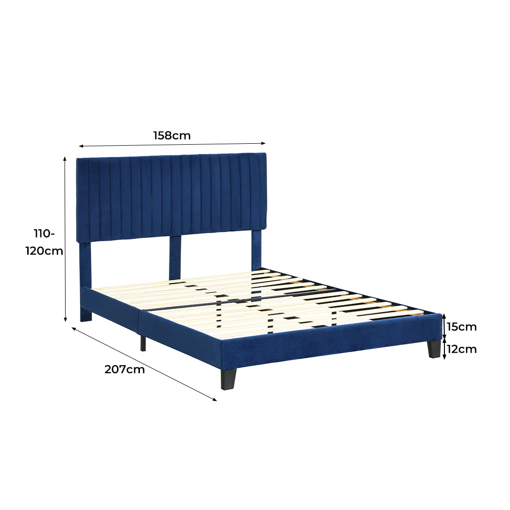 Cheyenne Bed Frame Base Platform Wooden Velvet with Headboard Blue - Queen - Nurns