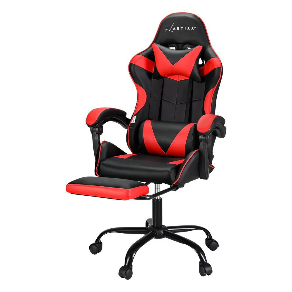 Artiss 2 Point Massage Gaming Office Chair Footrest Red - Nurns