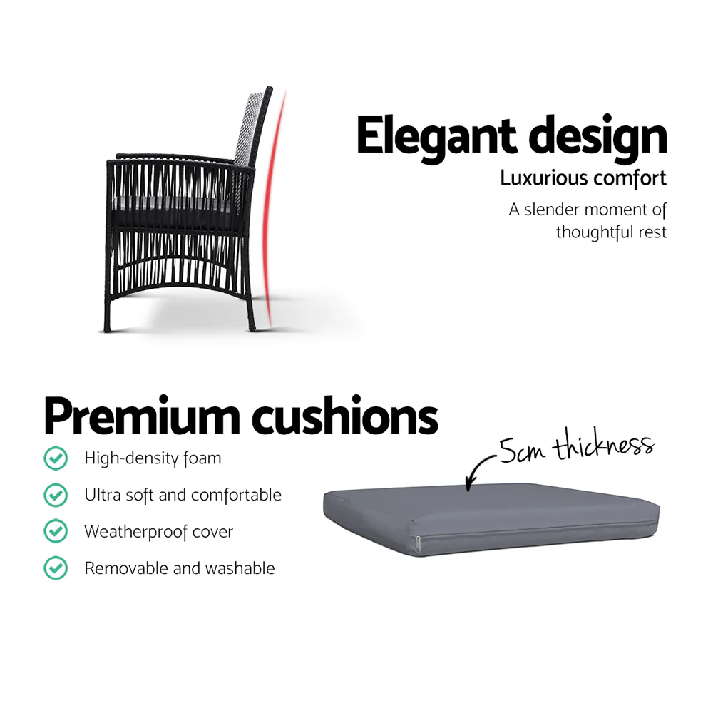 Shanklin 2-Seater Chairs Wicker Garden Patio Cushion Tea Coffee Cafe Bar 3-Piece Outdoor Furniture - Black - Nurns