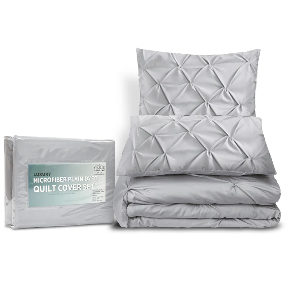 SUPER KING 3-Piece Quilt Cover Set Diamond Pintuck - Grey - Nurns