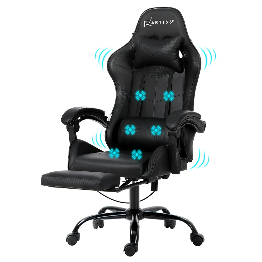 Artiss 6 Point Massage Gaming Office Chair Footrest Black - Nurns