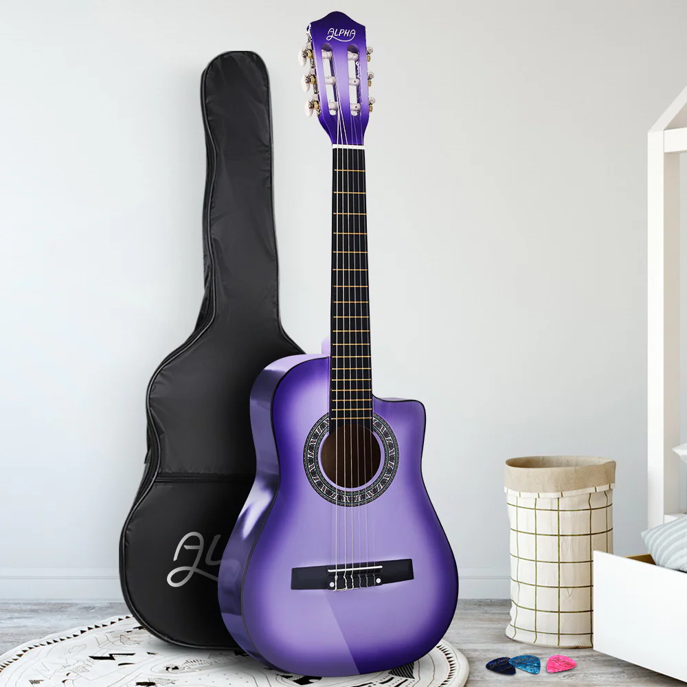 Alpha 34 Inch Classical Guitar Wooden Body Nylon String Beginner Kids Gift Purple - Nurns