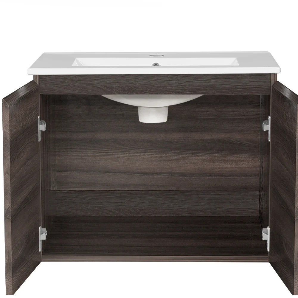 Bathroom Vanity Unit Ceramic Basin Cabinet Wall Mounted Storage 600mm Walnut - Nurns