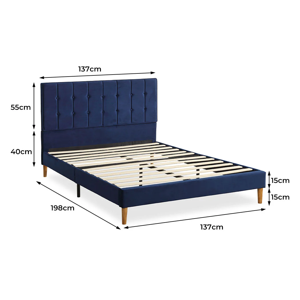Venlo Bed Frame Base Platform Wooden Velvet with Headboard Blue - Double - Nurns
