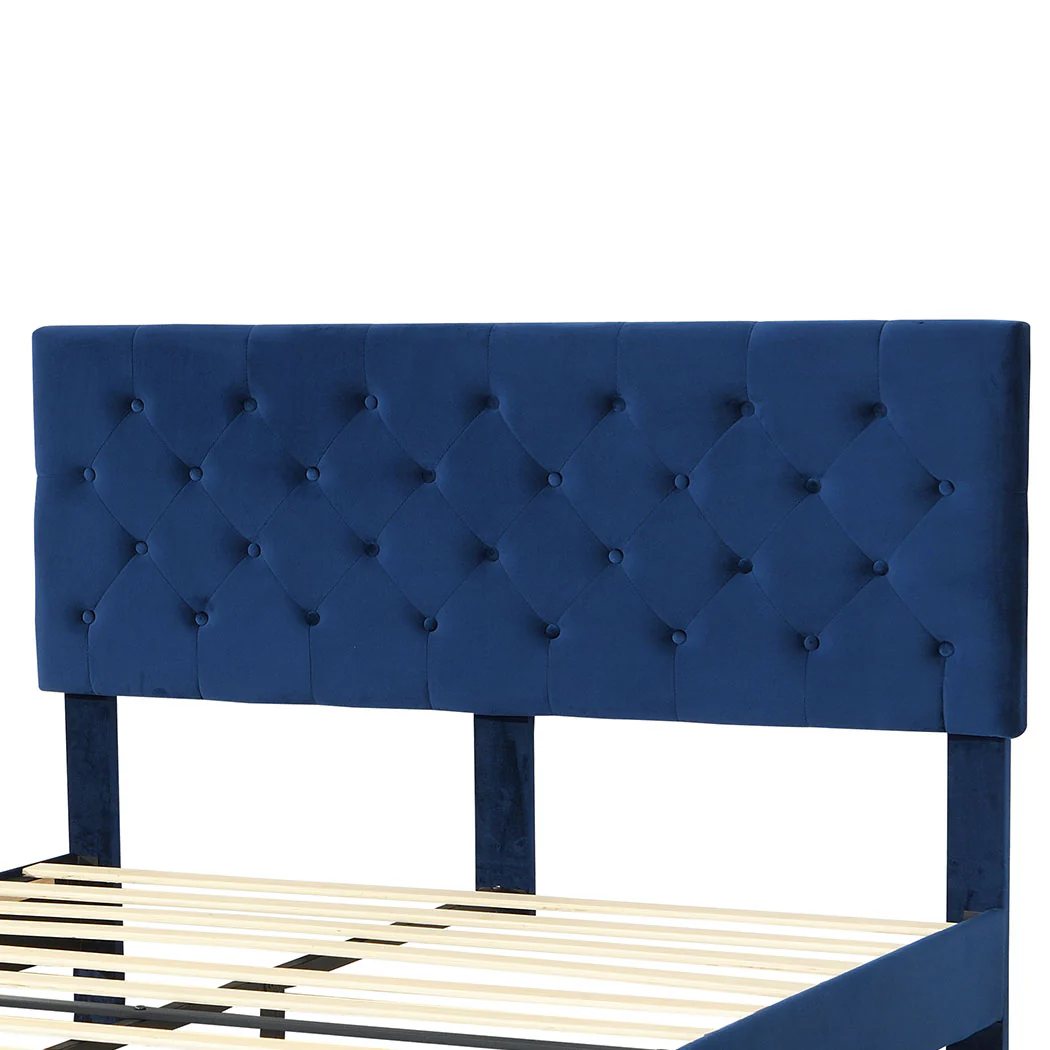 Assen Bed Frame Base Platform Wooden Velvet with Headboard Blue - Double - Nurns