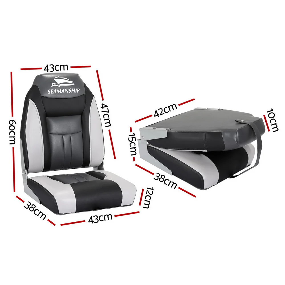 Set of 2 Folding Boat Seats Marine Seat Swivel High Back 12cm Padding Black - Nurns