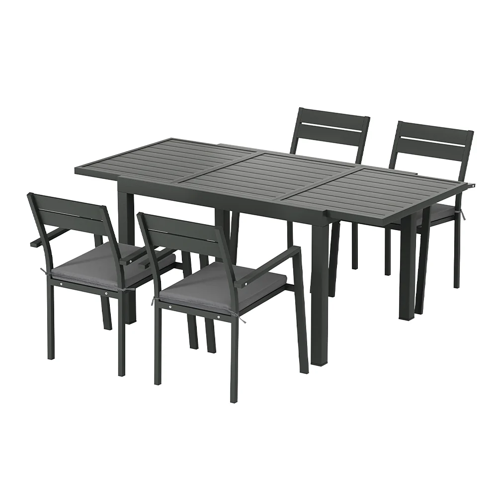 Tanner 4-Seater Aluminium Extension Table Chairs Lounge 5-Piece Outdoor Dining Set - Black - Nurns