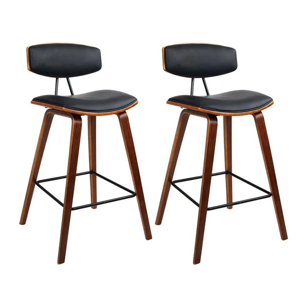 Set of 2 Cosenza PU Leather Circular Footrest Bar Stools - Black - Nurns