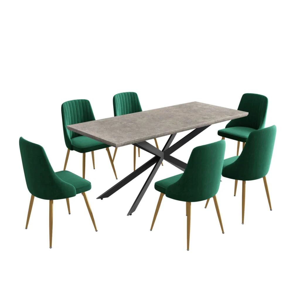 6-Piece Dario Green Dining Table & Chair Set Rectangular Velvet Banquet - Nurns