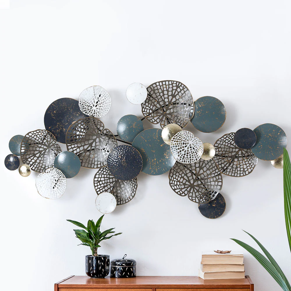 Metal Wall Art Hanging Sculpture 132cm Home Decor Leaf Circles - Blue - Nurns