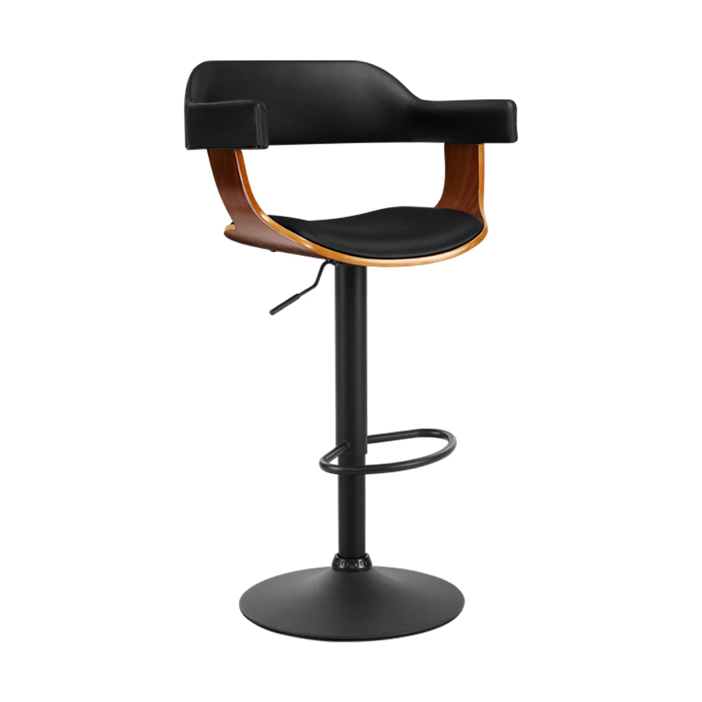 82cm Eindhoven Bar Stool Curved Gas Lift PU Leather - Black & Wood - Nurns