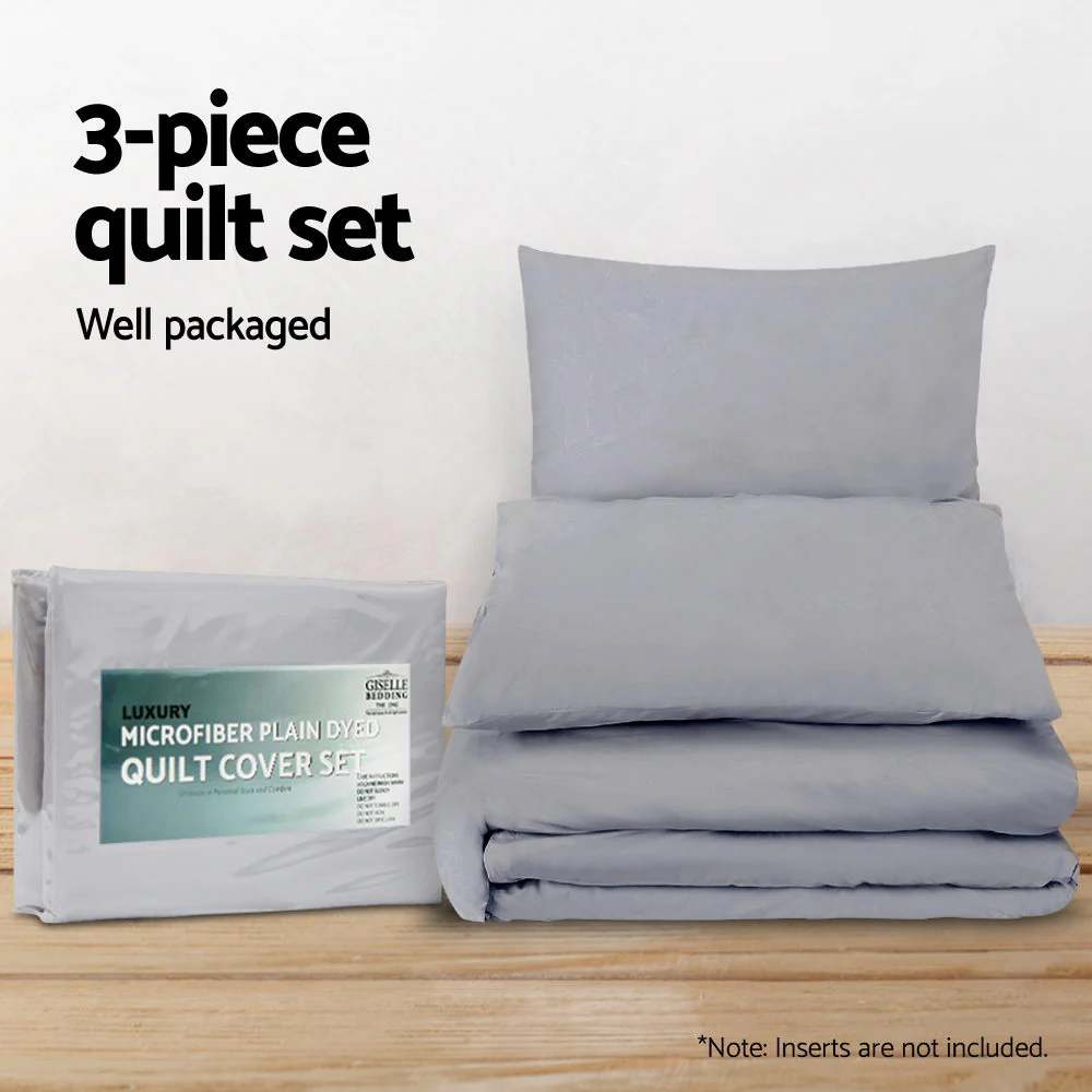 QUEEN 3-Piece Quilt Cover Set - Grey - Nurns