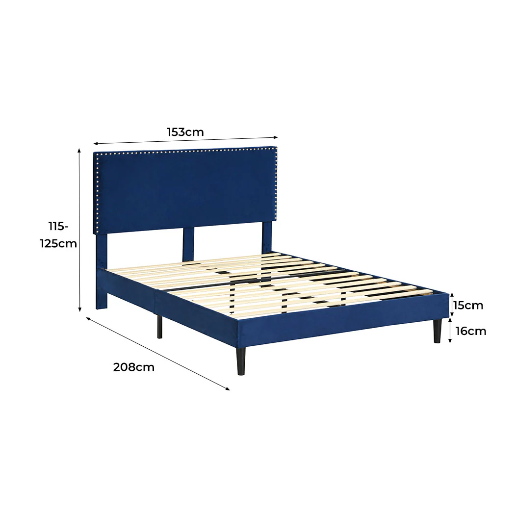 Velsen Bed Frame Base Platform Wooden Velvet with Headboard Blue - Queen - Nurns