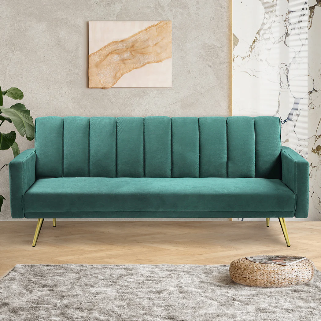 Mari 3-Seater Sofa Bed Convertible Velvet Lounge Recliner Couch Sleeper - Green - Nurns