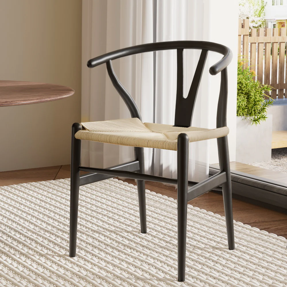 Maud Dining Chair Wooden Rattan Wishbone - Black - Nurns