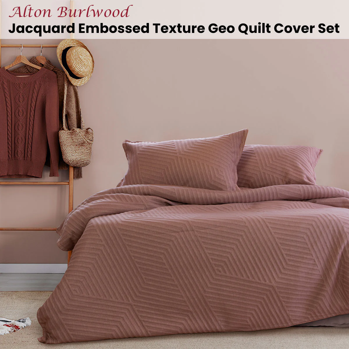 QUEEN Jacquard Embossed Texture Geo Quilt Cover Set - Pink - Nurns