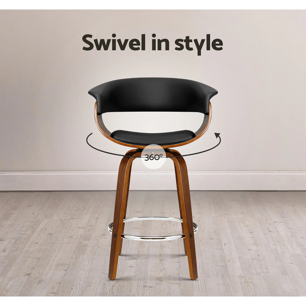 Set of 2 Edessa Swivel PU Leather Bar Stool - Wood & Black - Nurns