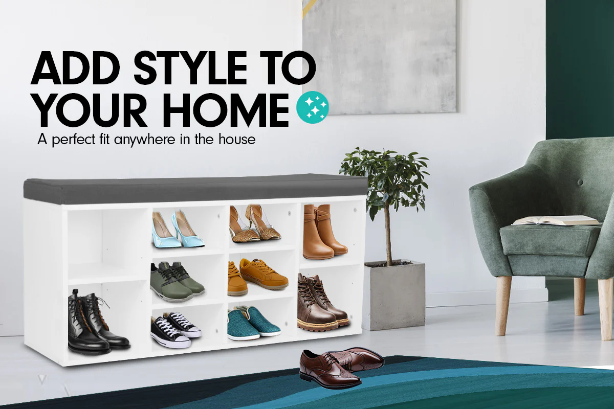 Sarantino Shoe Rack Cabinet Organiser Grey Cushion Stool Bench Ottoman - 104 X 30 X 45 - White - Nurns