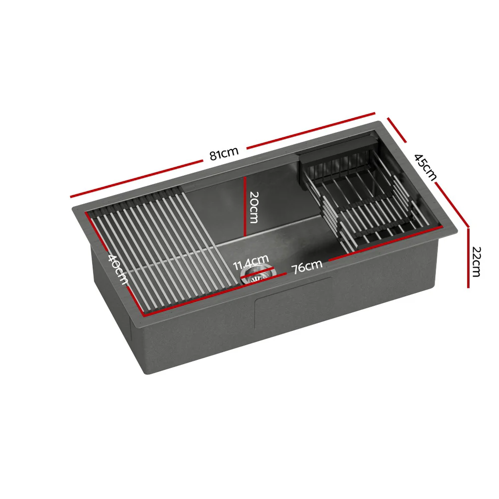 Kitchen Sink 81X45CM Stainless Steel Single Bowl Drain Rack Basket Black - Nurns