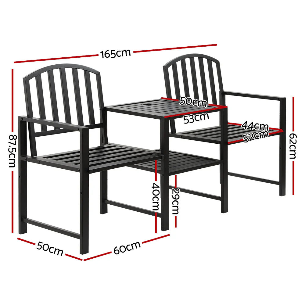 Lincoln Outdoor Garden Bench Steel Table and chair Patio Furniture Loveseat Park - Black - Nurns