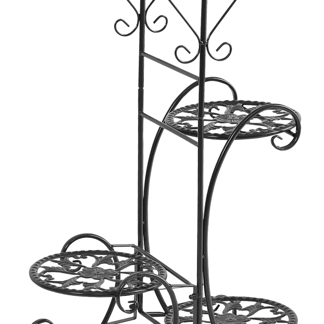 Set of 2 Flower Shape Metal Plant Stand with 4 Plant Pot Space in Black Colour - Nurns