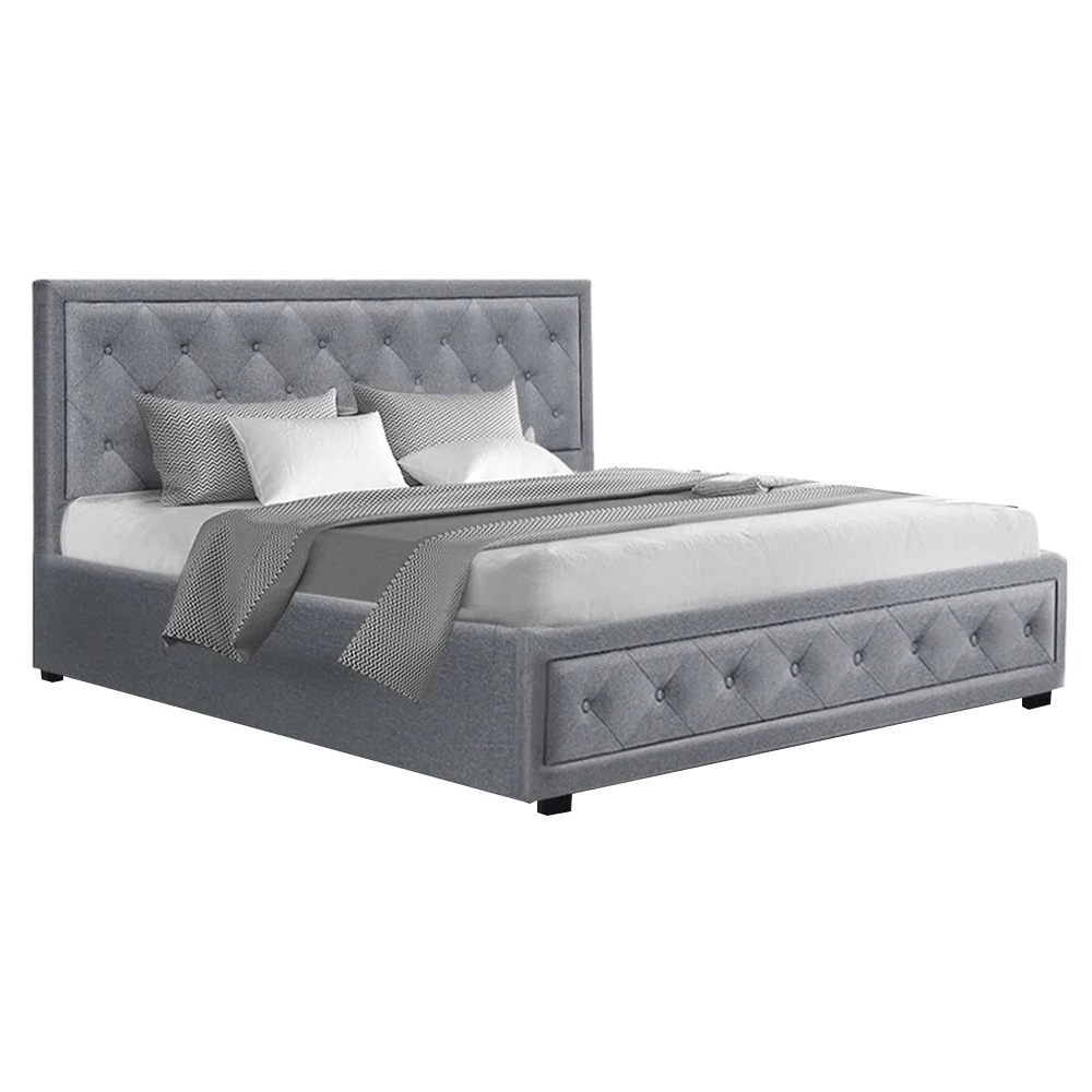 Savannah Grey Bed Frame Fabric Gas Lift Storage - King - Nurns