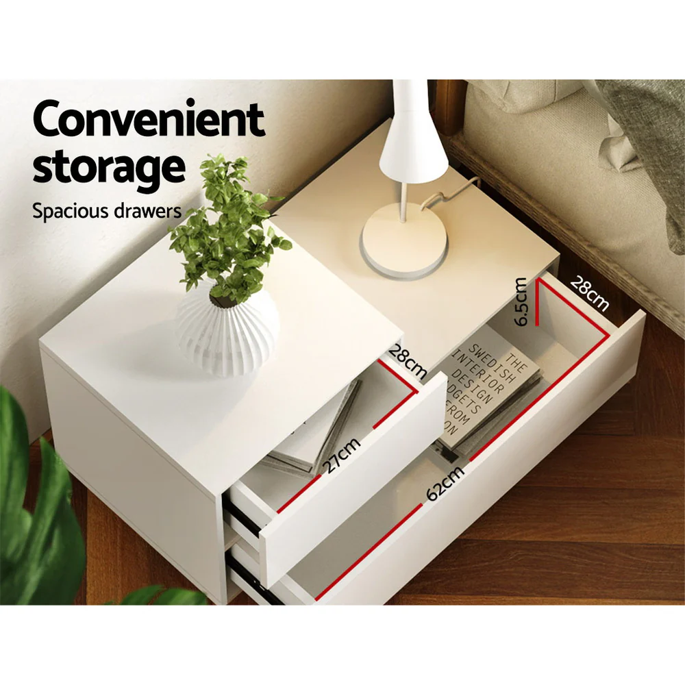 Gatineu LED High Gloss Bedside Tables Side Table RGB LED High Gloss Nightstand with 2 Drawers - White - Nurns