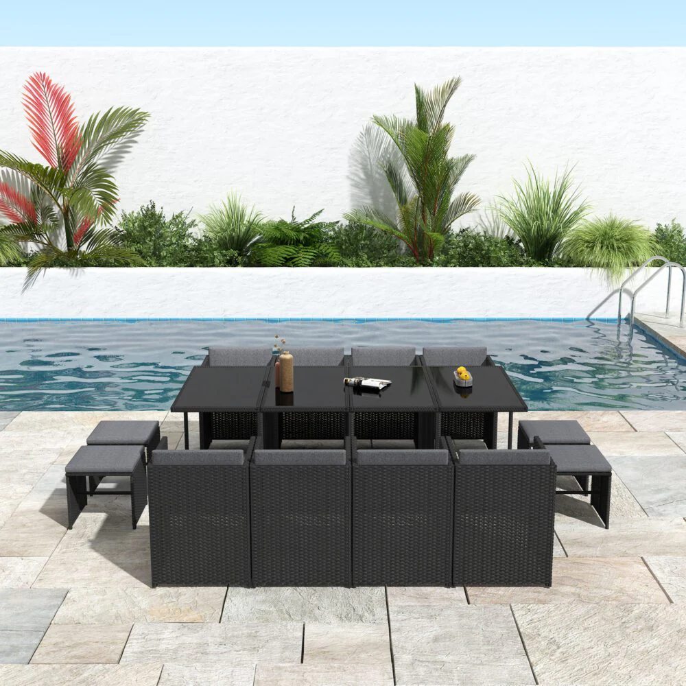Drew 12-Seater Outdoor Furniture Setting 13-Piece Dining Set - Black - Nurns