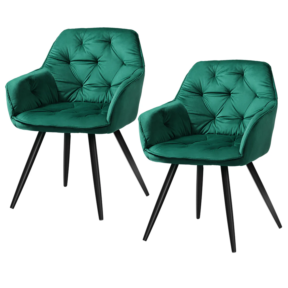 Everly Set of 2 Dining Chairs Velvet Diamond Tufted Armchair - Green - Nurns