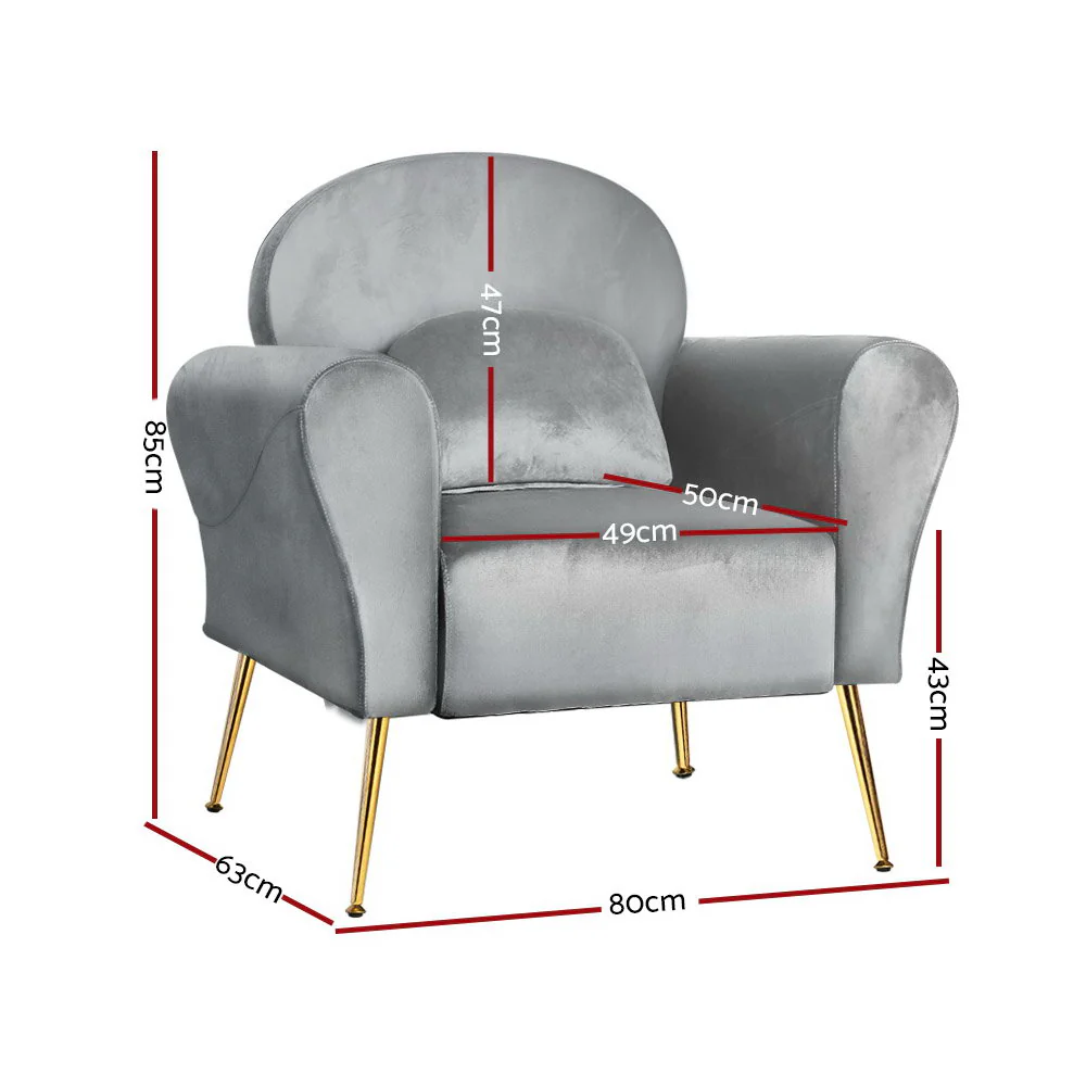 Maryjane Accent Velvet Cushion Lounge Armchair - Grey - Nurns