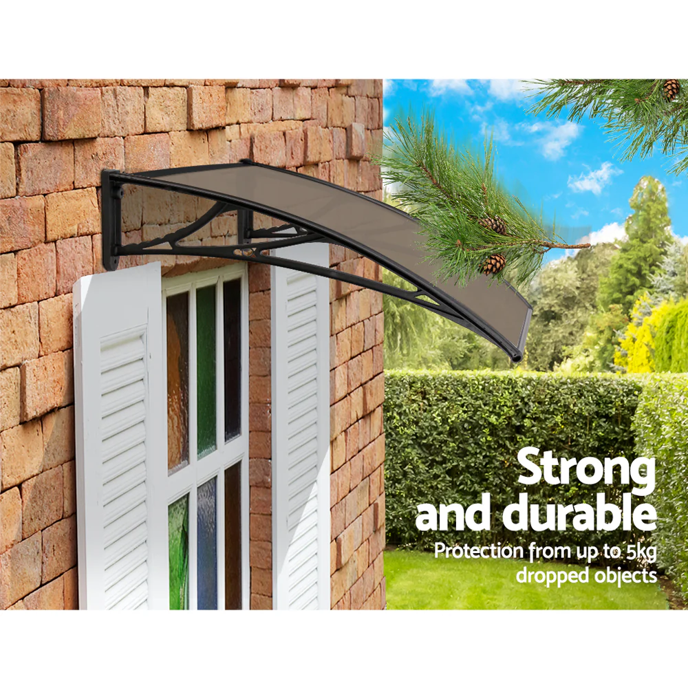 Instahut Window Door Awning Canopy 1mx2m Brown Sheet Black Plastic Frame - Nurns