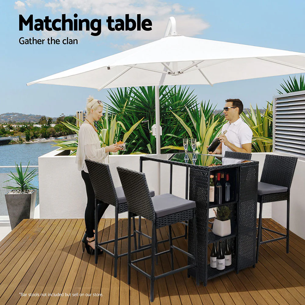 Ralph Wicker Dining Bistro Glass Desk Steel Patio Furniture Outdoor Bar Table - Black - Nurns