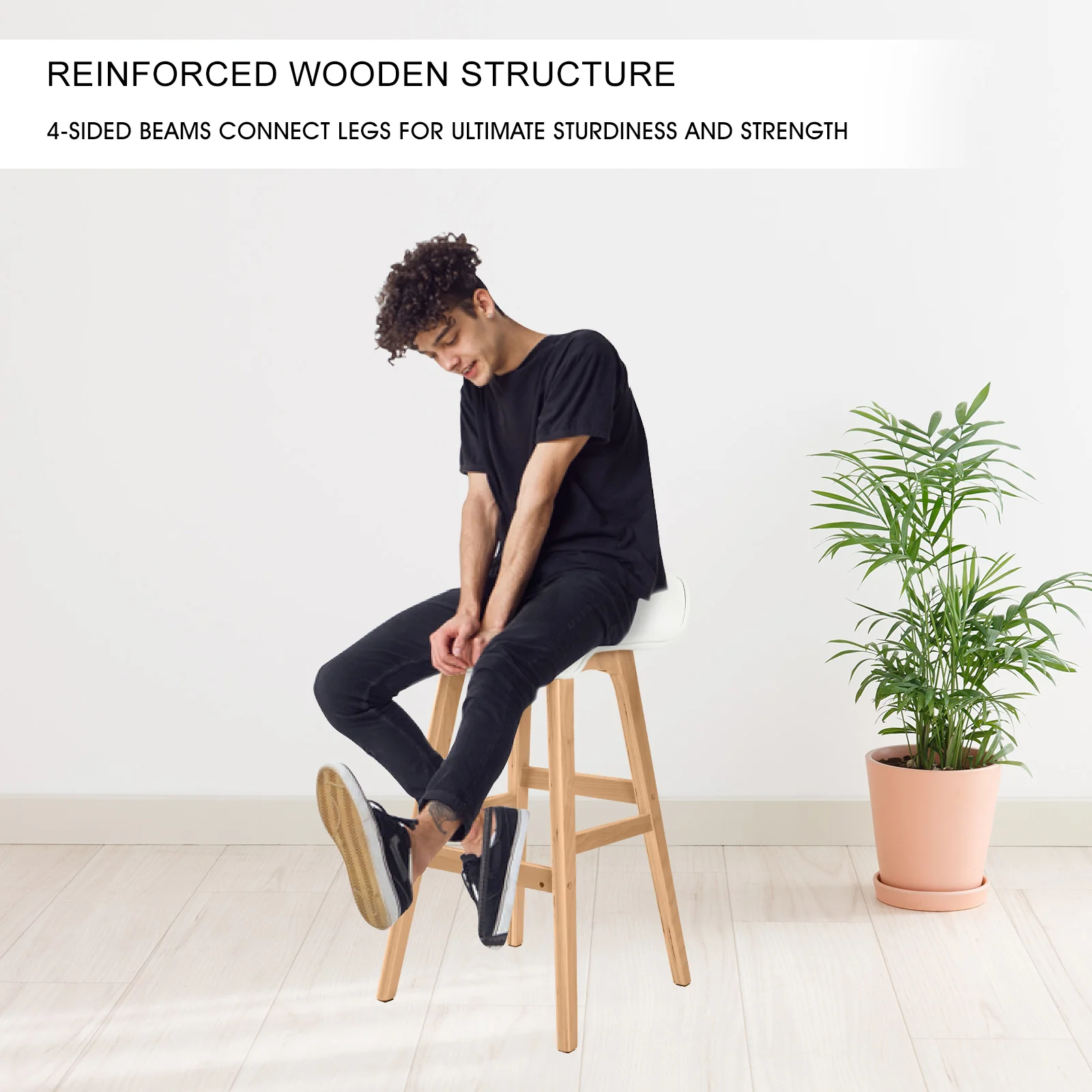 Set of 4 Cardiff Wooden Bar Stool Dining Chair Leather - White - Nurns