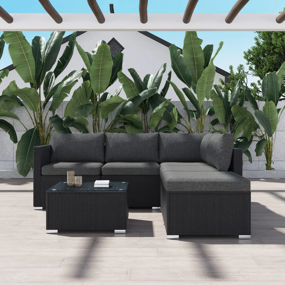Perry 5-Seater Ottoman-Style Outdoor Lounge Set - Black - Nurns