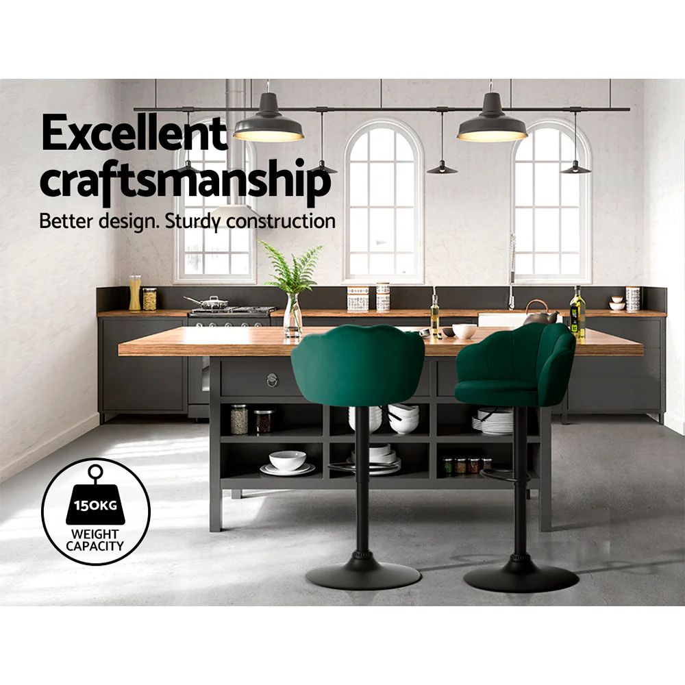 Set of 2 Naples Bar Stools Kitchen Stool Swivel Chair Gas Lift Velvet Chairs - Green - Nurns