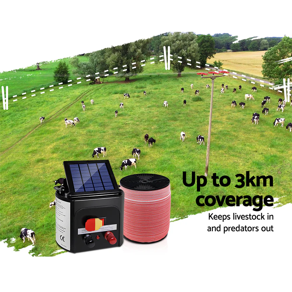 Electric Fence Energiser 3km Solar Powered Energizer Set + 1200m Tape - Nurns