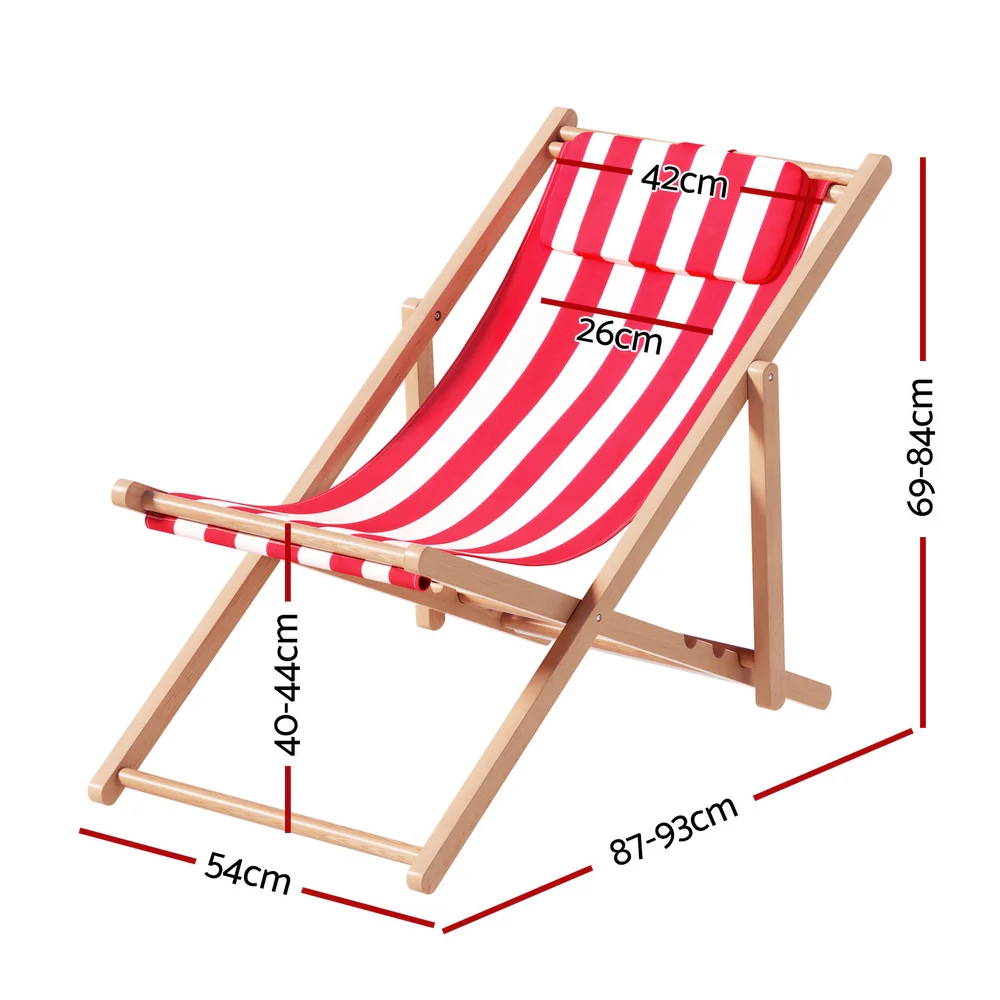 Damien Outdoor Chairs Sun Lounge Deck Beach Chair Folding Wooden Patio Furniture - Red and White - Nurns