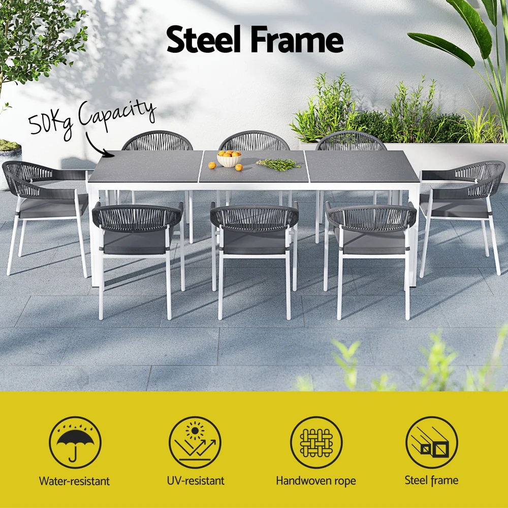 Yves 8-Seater Table Chairs Patio Rope Lounge Setting 9-Piece Outdoor Dining Set - Grey - Nurns