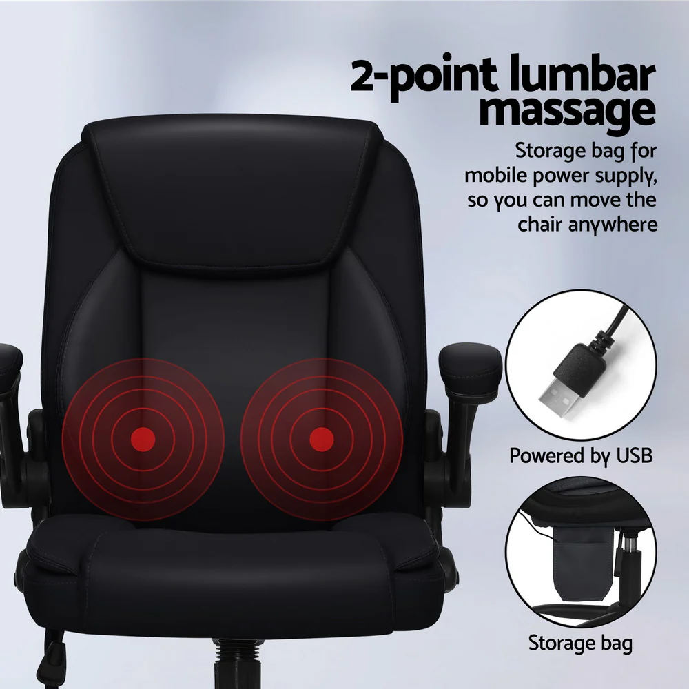 Artiss 2 Point Massage Office Chair Leather Mid Back Black - Nurns