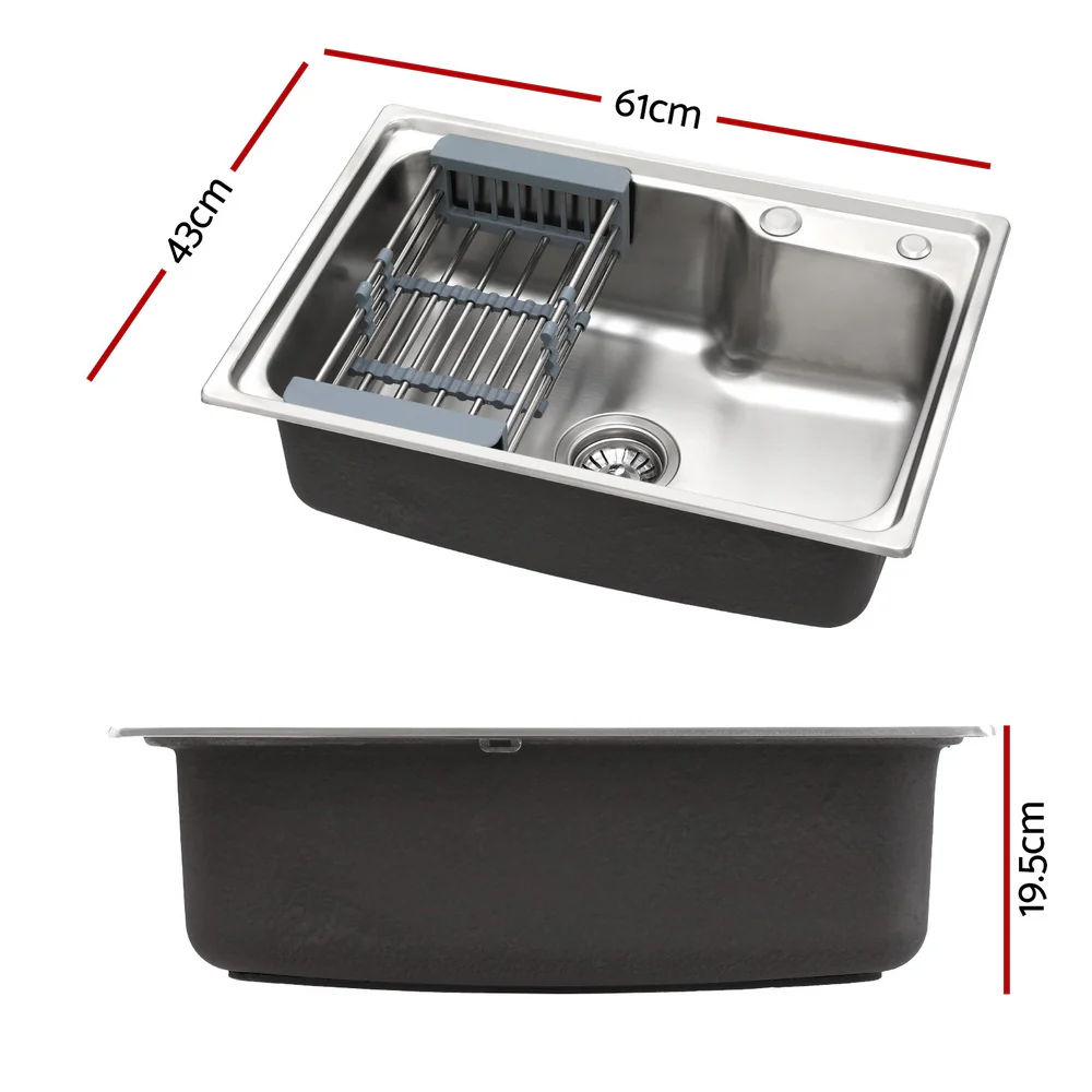 Kitchen Sink 61x43cm Stainless Steel Basin Single Bowl Silver Drain Basket - Nurns