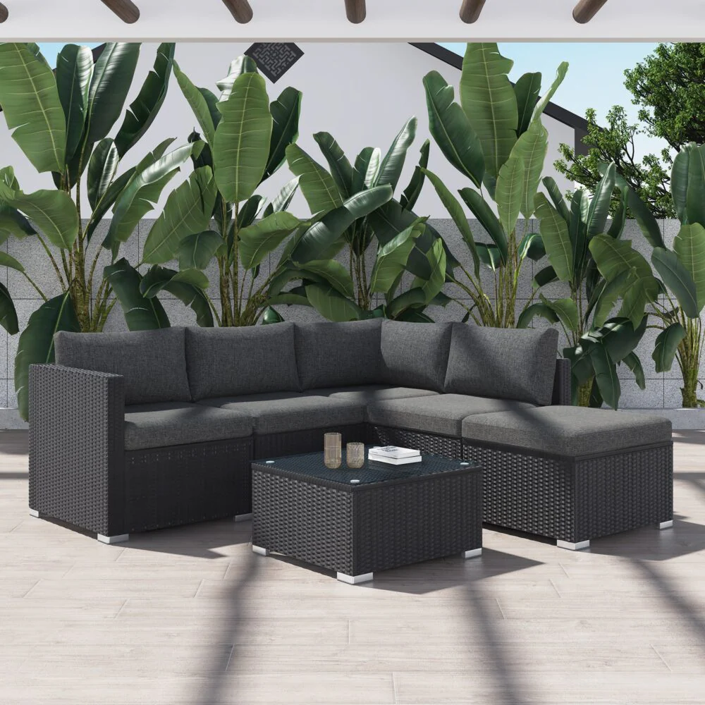 Perry 5-Seater Ottoman-Style Outdoor Lounge Set - Black - Nurns